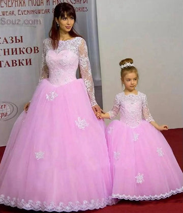 Pink Long Sleeve Ball Gown Mother-Daughter Matching Prom Dress MGD001