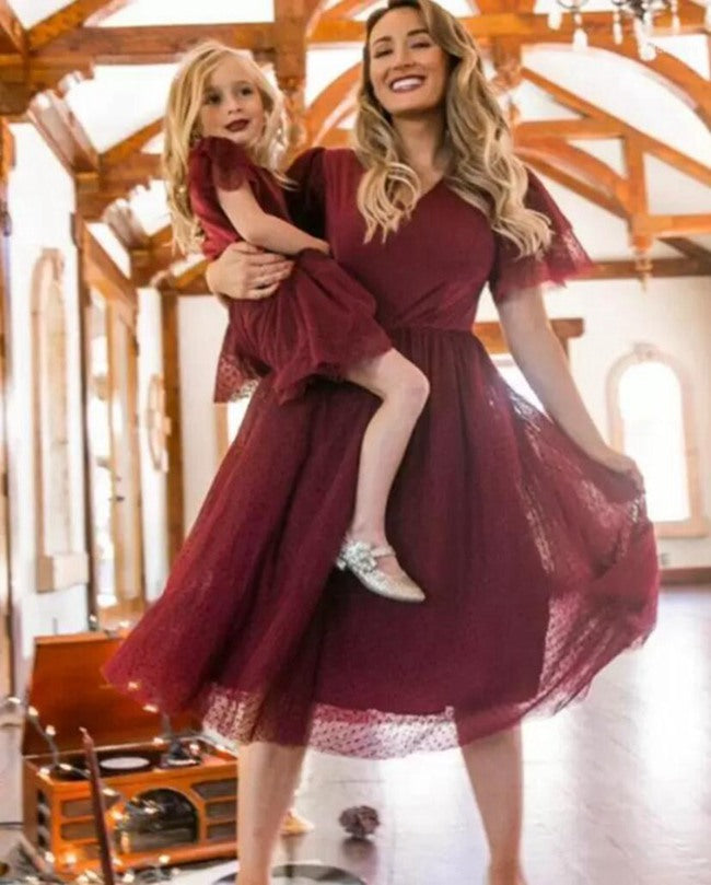 Burgundy Short Sleeve Mommy-Daughter Matching Party Dress MGD004