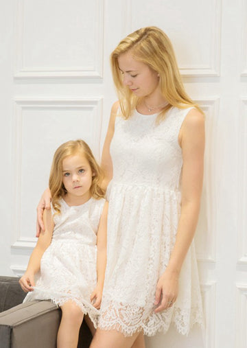 White Lace Short Mommy-Daughter Matching Prom Dress MGD009
