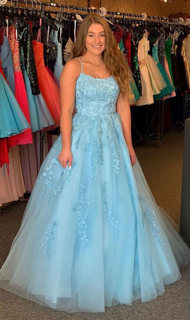 Straps Lace Light Blue Plus Size Prom Dress PSD125