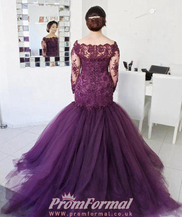 Mermaid Lace Grape Long Sleeve Plus Size Prom Dress PSD126