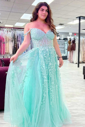 Aqua Lace Off The Shoulder Plus Size Prom Dress PSD129