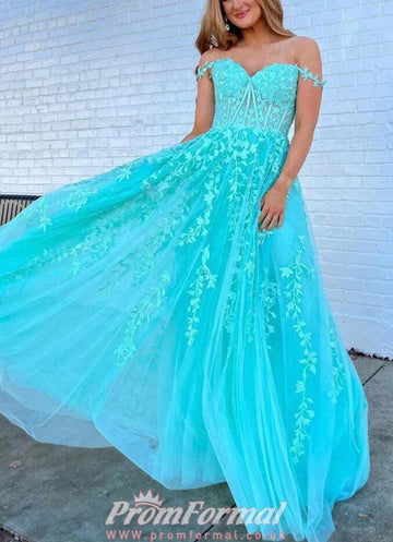 Aqua Lace Off The Shoulder Plus Size Prom Dress PSD129