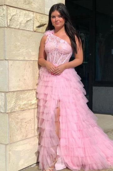 One Shoulder Pink Slit Plus Size Prom Dress PSD131