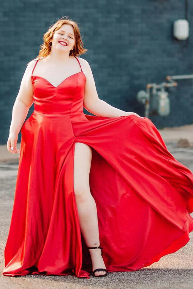Hot Red Satin Straps Sexy Slit Plus Size Prom Dress PSD132