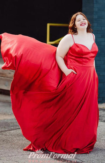 Hot Red Satin Straps Sexy Slit Plus Size Prom Dress PSD132