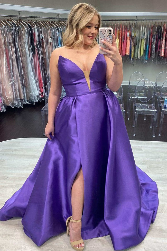 Purple Satin Straps Slit Plus Size Prom Dress PSD133