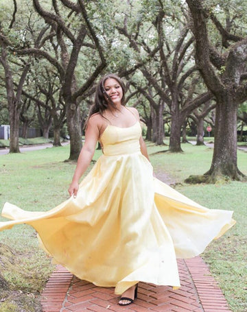 Yellow Satin Straps Plus Size Prom Dress PSD134