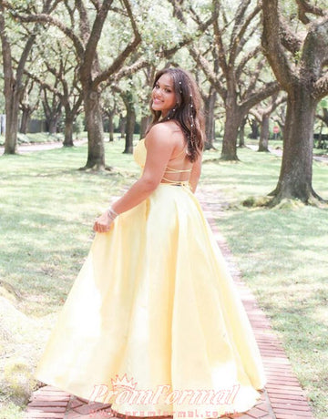Yellow Satin Straps Plus Size Prom Dress PSD134