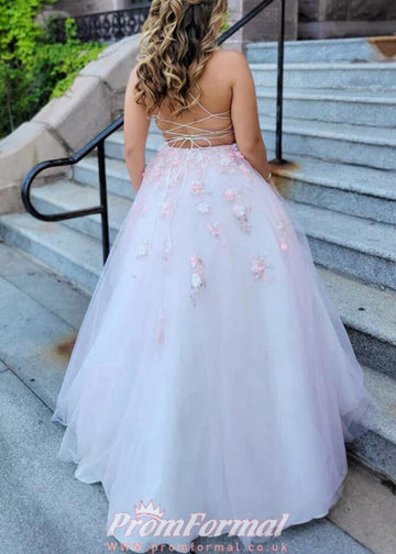 Pink Tulle Appliques Straps Plus Size Prom Dress PSD135
