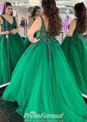 Green V Neck Lace Beading Plus Size Prom Dress PSD136