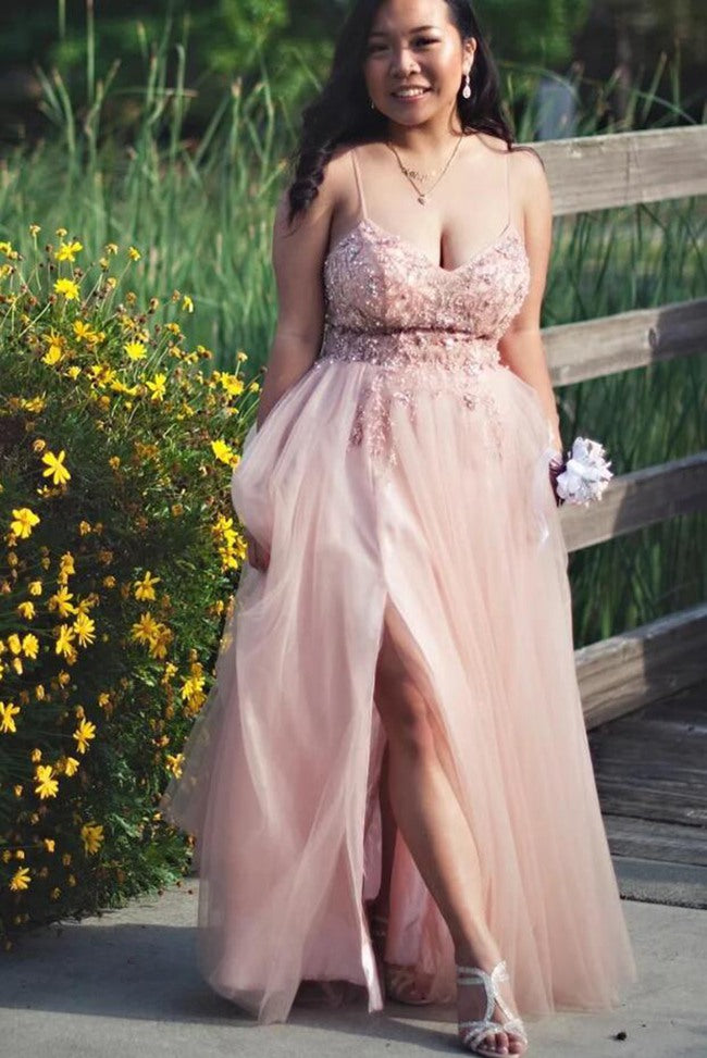 Nude Pink Straps Lace Plus Size Prom Dress PSD138