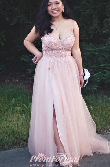 Nude Pink Straps Lace Plus Size Prom Dress PSD138