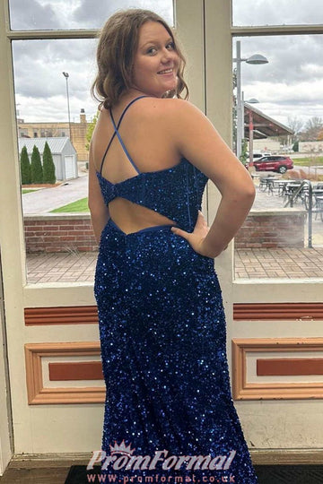 Blue Straps Sequin Slit Sheath Plus Size Prom Dress PSD142