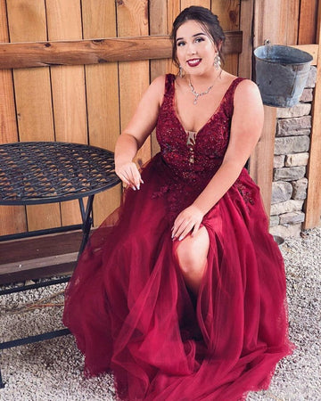 Burgundy A Line Slit Beading Plus Size Prom Dress PSD144