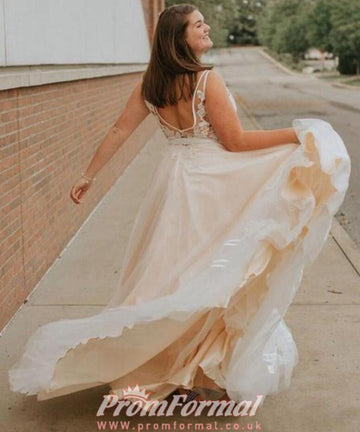 Ivory Lace Tulle V Neck Plus Size Prom Dress PSD145