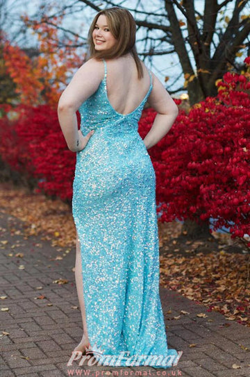 Turquoise Sparkly Sequin Sheath Slit Plus Size Prom Dress PSD146