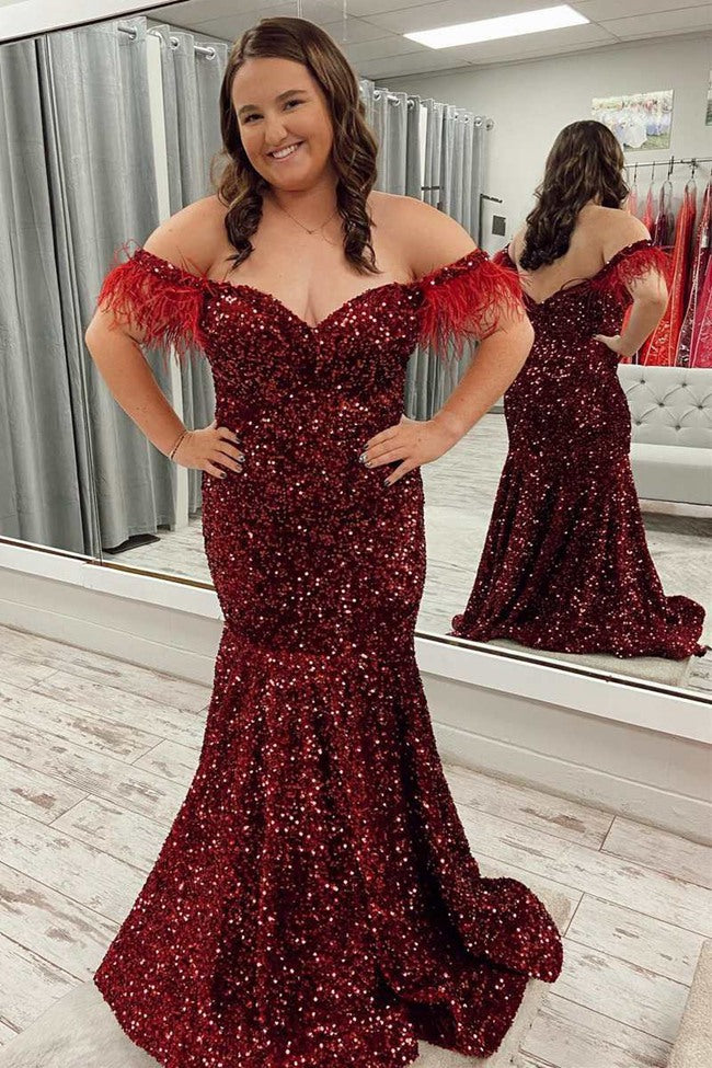 Burgundy Sparkly Sequin Mermaid Plus Size Prom Dress PSD151