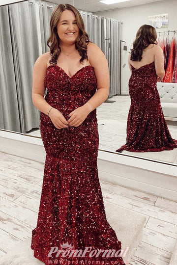 Burgundy Sparkly Sequin Mermaid Plus Size Prom Dress PSD151