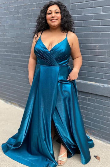 Ink Blue Satin Plus Size Prom Dress PSD153