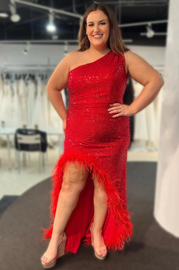 Red One Shoulder Sparkly Sequin Plus Size Prom Dress PSD154