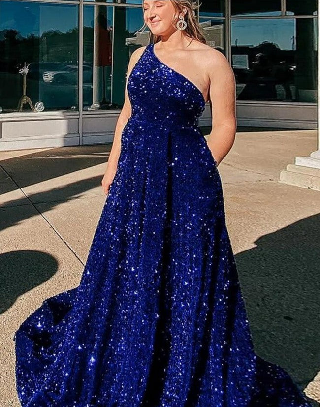 Royal Blue One Shoulder Sparkly Velvet Sequin Plus Size Prom Dress PSD