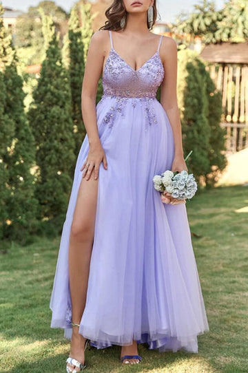 Lilac Sexy Slit Straps Plus Size Prom Dress PSD159