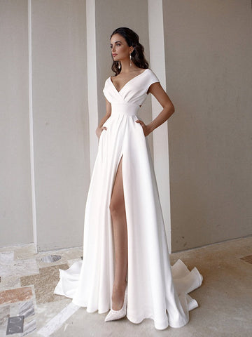 White High Split Formal Dress with Pocket PXH024