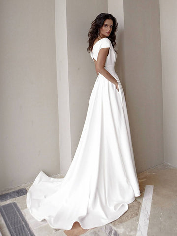 White High Split Formal Dress with Pocket PXH024