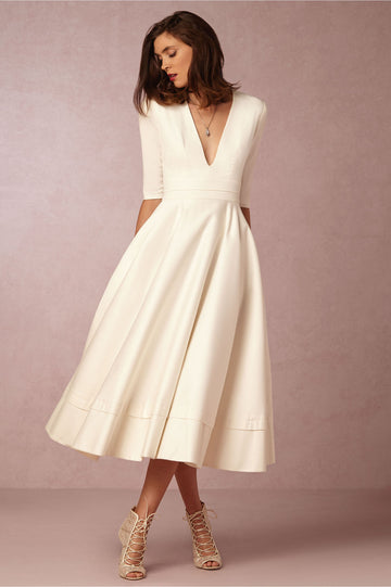 Tea Length Half Sleeve Formal Dress with Pocket PXH025