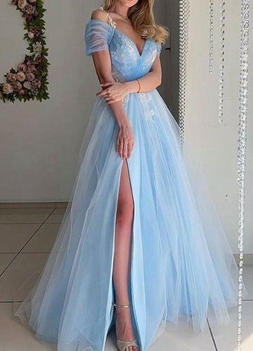 Light Blue A-line Split Off-the-Shoulder Formal Dress PXH031