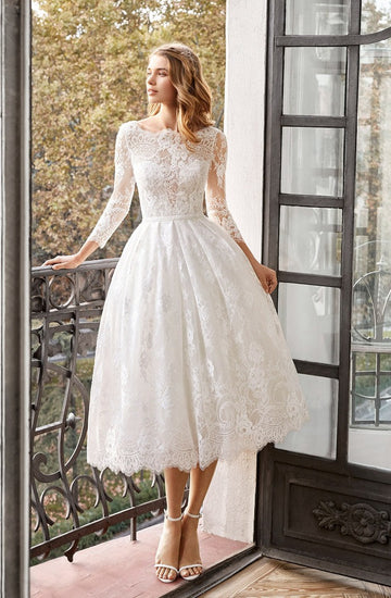 Tea-length White Lace 3/4 Sleeve Rockabilly Short After-Party Wedding Dress PXH033