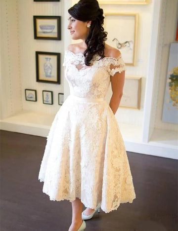 Vintage Off The Shoulder Lace Short Sleeve Tea Length After Party Wedding Dress SWD013