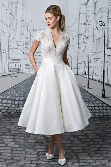 V Neck Vintage Lace Short Sleeve Tea Length After Party Wedding Dress SWD014