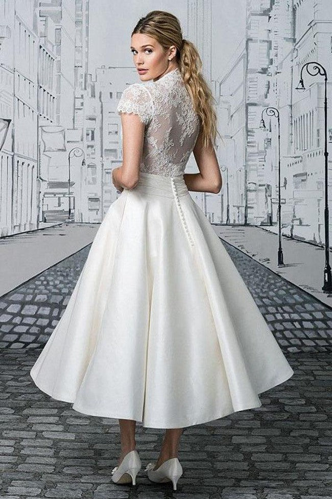 V Neck Vintage Lace Short Sleeve Tea Length After Party Wedding Dress