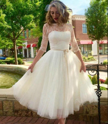 Half Sleeve Vintage Tea Length Rockabilly Wedding Dress SWD018