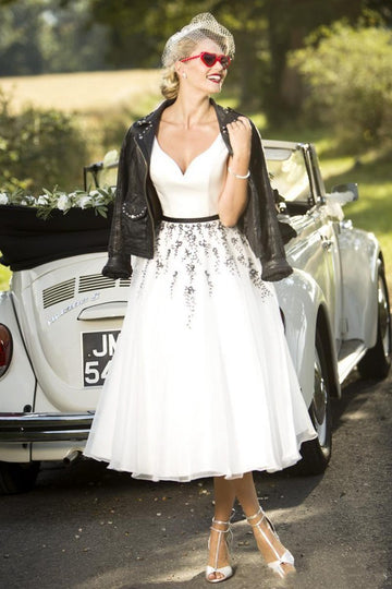 50s Classic Tea Length Wedding Dress SWD020
