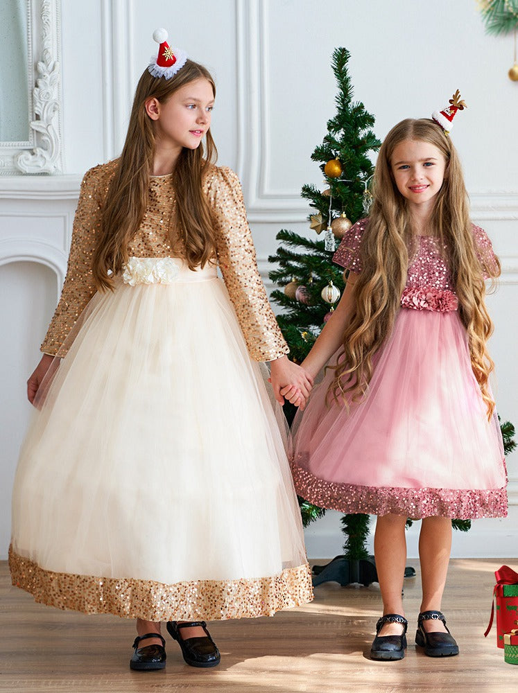 Kids Long Sleeve Sequins Pageant Gowns Teen Girls Christmas Party Dres