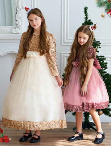 Kids Long Sleeve Sequins Pageant Gowns Teen Girls Christmas Party Dress TXH098