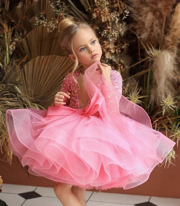 Kids Pink Long Sleeve Pageant Gowns Girls Christmas Party Dress TXH100