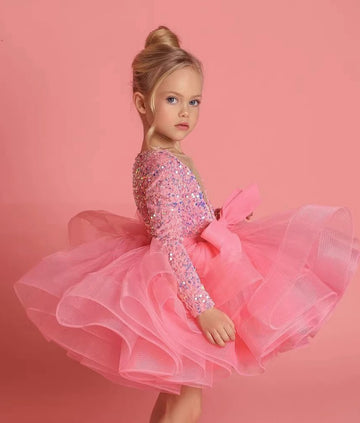 Kids Pink Long Sleeve Pageant Gowns Girls Christmas Party Dress TXH100