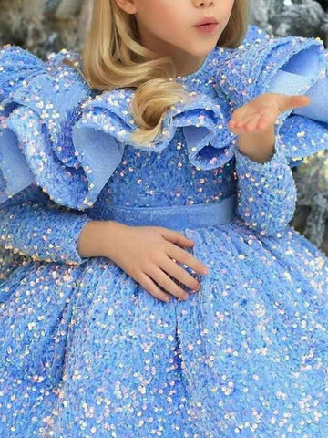 Kids Girls Sequins Blue Long Sleeves Princess Party Gown TXH101