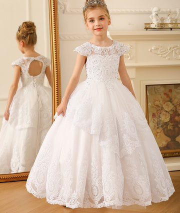 White Lace Beading Kids Communion Dress Flower Girl Dress TXH104