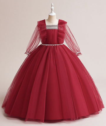 Dark Red Long Sleeve Tulle Kids Girls Prom Dress TXH111
