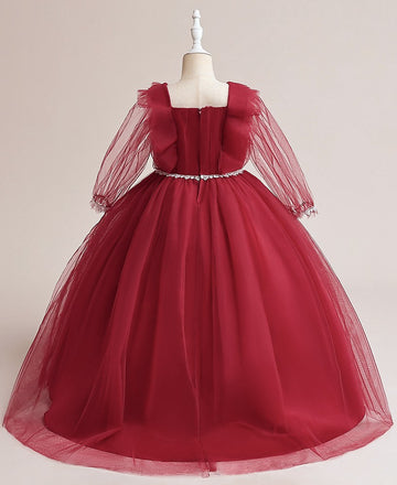 Dark Red Long Sleeve Tulle Kids Girls Prom Dress TXH111