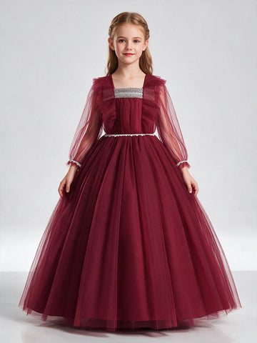 Dark Red Long Sleeve Tulle Kids Girls Prom Dress TXH111