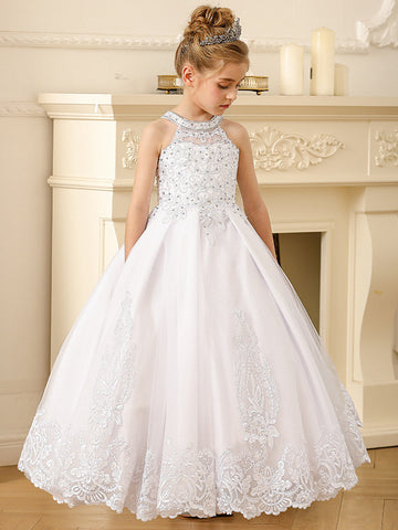 White Halter Lace Beading Kids Communion Dress TXH113