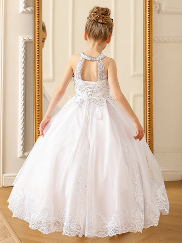 White Halter Lace Beading Kids Communion Dress TXH113