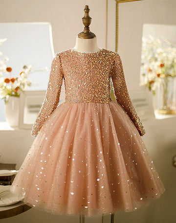 Knee-length Long Sleeve Sequin Kids Party Dress TXH115