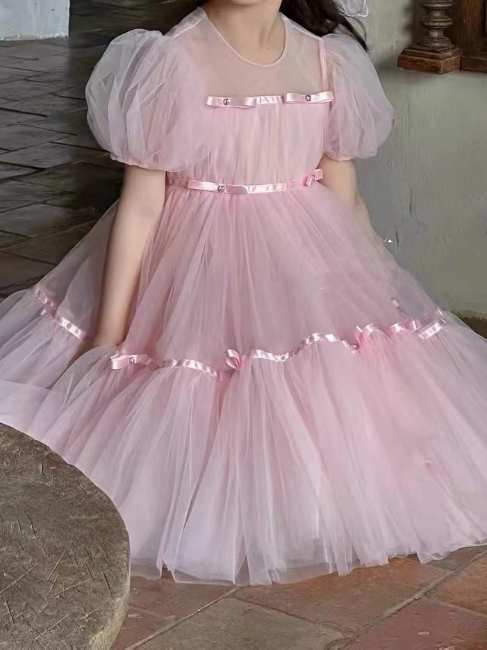 Cute Pink Girls Short Sleeve Tulle Party Dress TXH116